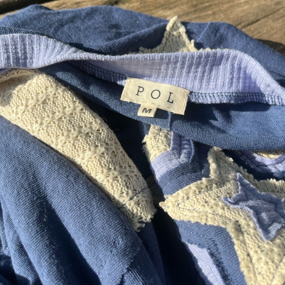 POL Sweater Womens Med Blue & Cream Patchwork Stars Boutique Long Sleeve Top - Picture 9 of 11